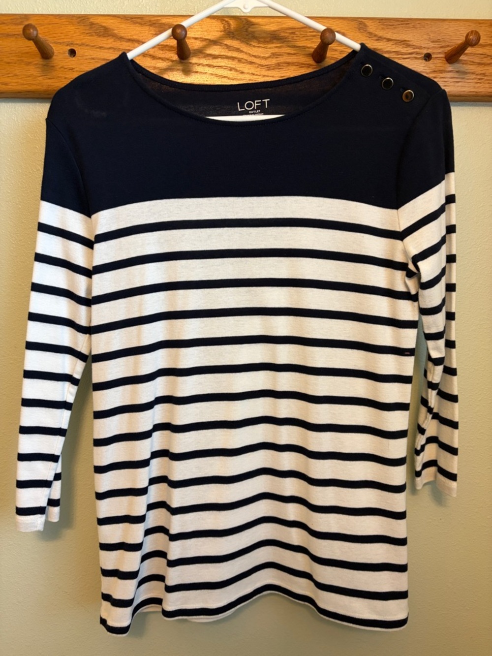 LOFT Navy and White Striped Boatneck Long Sleeve Top with Shoulder Buttons